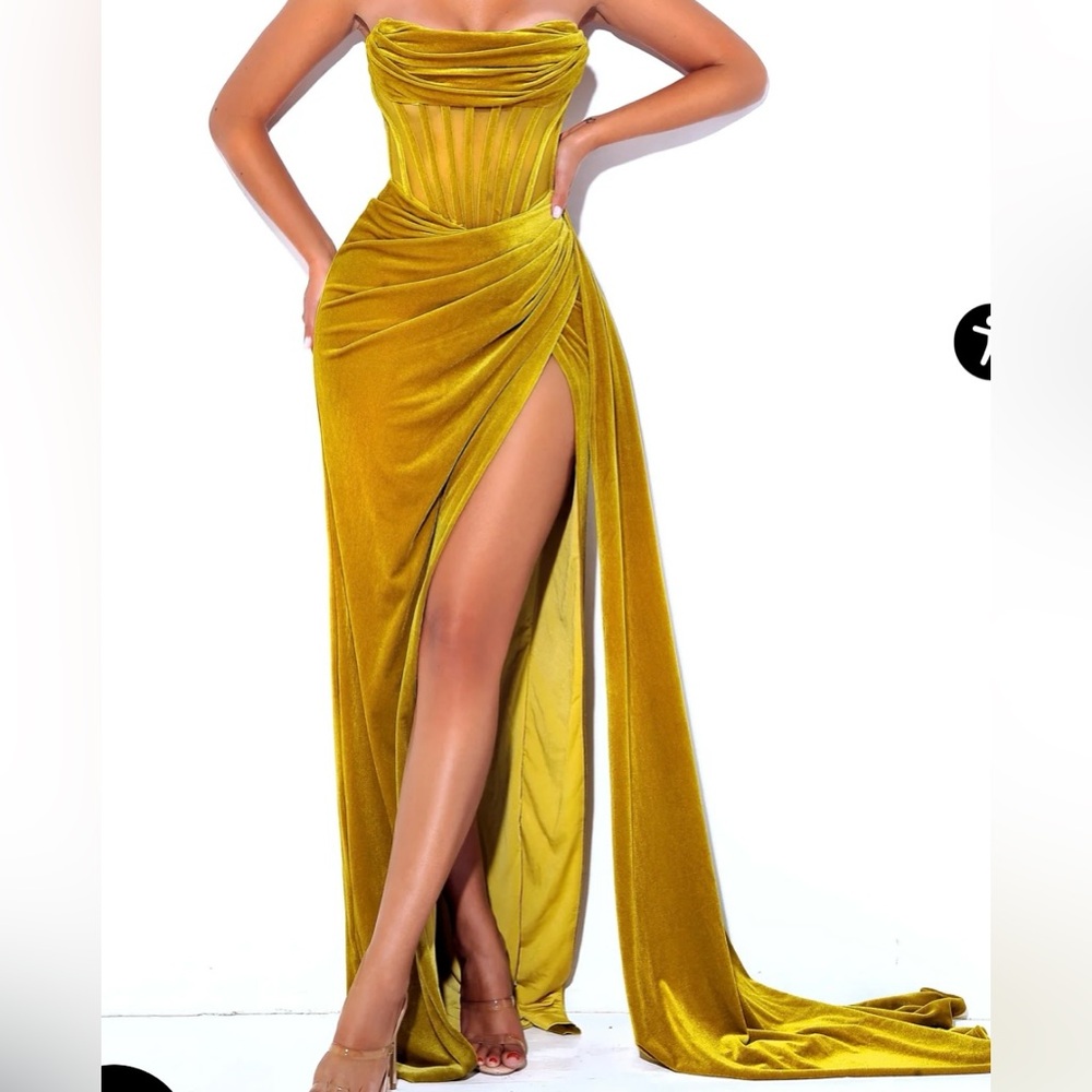 Priya Gold Draping Corset High Slit Velvet Gown from Miss Circle